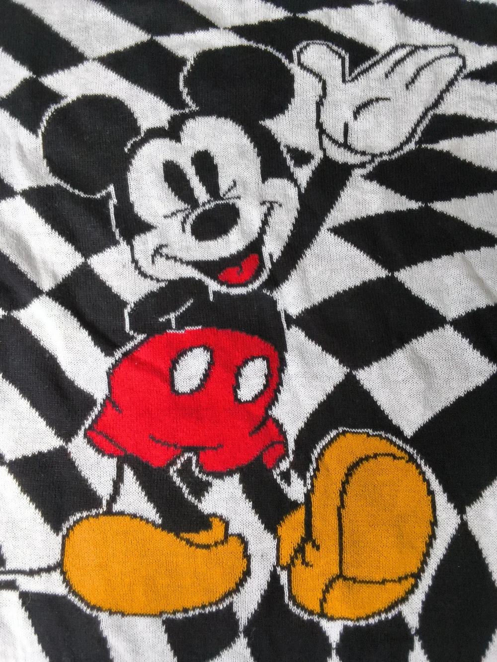 Disney Black & White Mickey Mouse Graphic Crewneck with Red and Yellow Accents